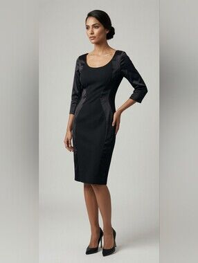 Classic Black Sheath Dress with Paneled Satin Detail